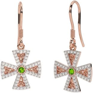 Trandafir Peridot de diamant Aur Argint Cruce Celtică Trinity Cercei Knot Dangle