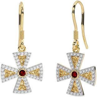 Diamond Garnet Gold Silver Celtic Cross Trinity Knot Dangle Earrings