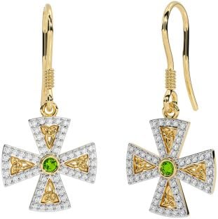 Diamond Peridot Gold Silver Celtic Cross Trinity Knot Dangle Earrings