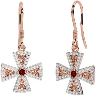 Diamond Garnet Rose Gold Celtic Cross Trinity Knot Dangle Earrings