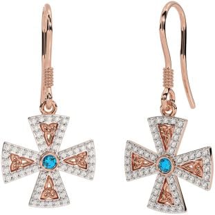 Diamond Topaz Rose Gold Celtic Cross Trinity Knot Dangle Earrings