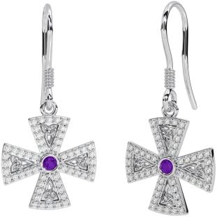 Diamond Amethyst Silver Celtic Cross Trinity Knot Dangle Earrings