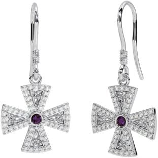 Diamond Alexandrite Silver Celtic Cross Trinity Knot Dangle Earrings