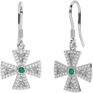 Diamond Emerald Silver Celtic Cross Trinity Knot Dangle Earrings