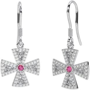 Diamond Pink Tourmaline Silver Celtic Cross Trinity Knot Dangle Earrings