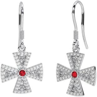 Diamond Ruby Silver Celtic Cross Trinity Knot Dangle Earrings