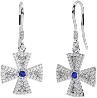 Diamond Sapphire Silver Celtic Cross Trinity Knot Dangle Earrings