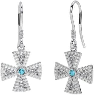 Diamond Aquamarine White Gold Celtic Cross Trinity Knot Dangle Earrings