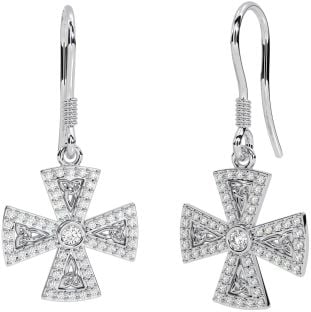 Diamond White Gold Celtic Cross Trinity Knot Dangle Earrings