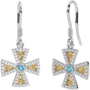 Diamant Acvamarin Alb Crucea Celtică din Aur Galben Trinity Cercei Knot Dangle