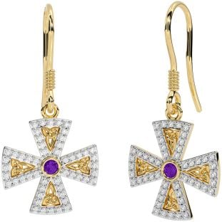 Diamond Amethyst Gold Celtic Cross Trinity Knot Dangle Earrings