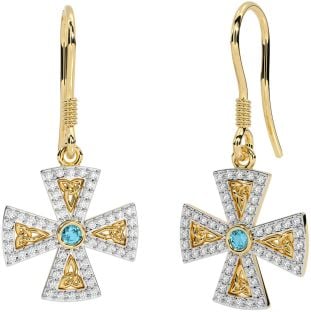 Diamond Aquamarine Gold Celtic Cross Trinity Knot Dangle Earrings