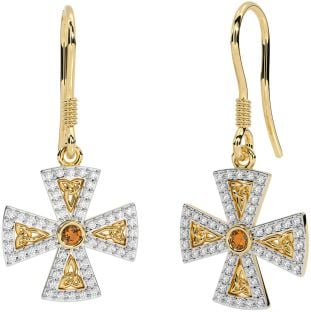 Diamond Citrine Gold Celtic Cross Trinity Knot Dangle Earrings