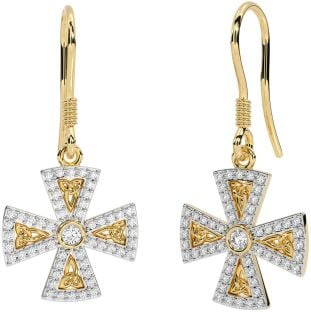 Diamond Gold Celtic Cross Trinity Knot Dangle Earrings