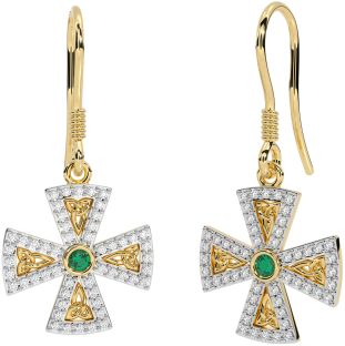 Diamond Emerald Gold Celtic Cross Trinity Knot Dangle Earrings