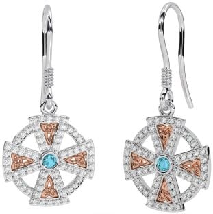 Diamond Aquamarine Rose Gold Silver Celtic Cross Dangle Earrings