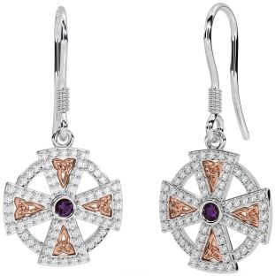 Diamond Alexandrite Rose Gold Silver Celtic Cross Dangle Earrings