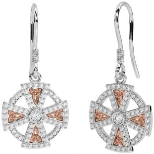 Diamond Rose Gold Silver Celtic Cross Dangle Earrings