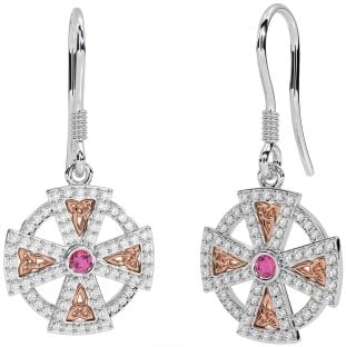 Diamant Rose Tourmalines Rose Or Argent celtique Croix Pendre Des boucles d'oreilles