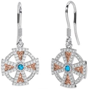 Diamond Topaz Rose Gold Silver Celtic Cross Dangle Earrings