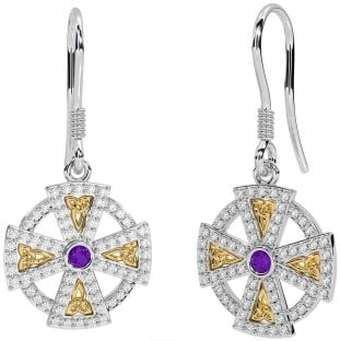 Diamond Amethyst Gold Silver Celtic Cross Dangle Earrings