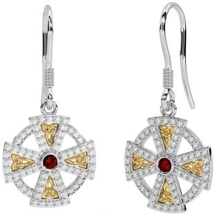 Diamond Garnet Gold Silver Celtic Cross Dangle Earrings