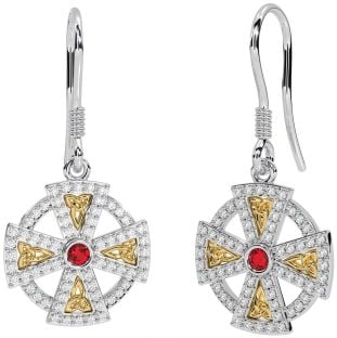 Diamond Ruby Gold Silver Celtic Cross Dangle Earrings