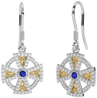 Diamant Saphir Or Argent celtique Croix Pendre Des boucles d'oreilles