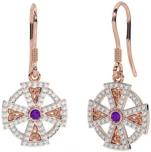 Diamond Amethyst Rose Gold Silver Celtic Cross Dangle Earrings