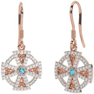 Diamond Aquamarine Rose Gold Silver Celtic Cross Dangle Earrings