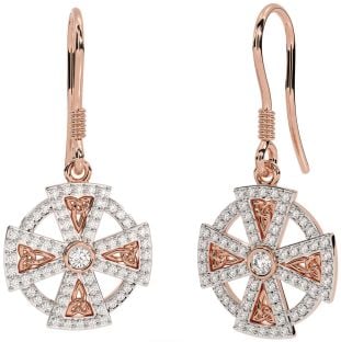 Diamond Rose Gold Silver Celtic Cross Dangle Earrings