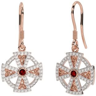 Diamond Garnet Rose Gold Silver Celtic Cross Dangle Earrings