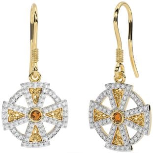 Diamond Citrine Gold Silver Celtic Cross Dangle Earrings