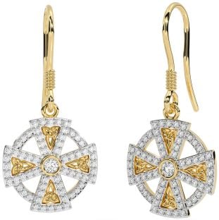 Diamond Gold Silver Celtic Cross Dangle Earrings