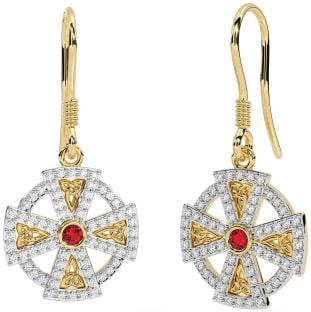 Diamond Ruby Gold Silver Celtic Cross Dangle Earrings