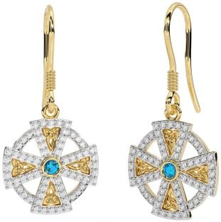 Diamond Topaz Gold Silver Celtic Cross Dangle Earrings