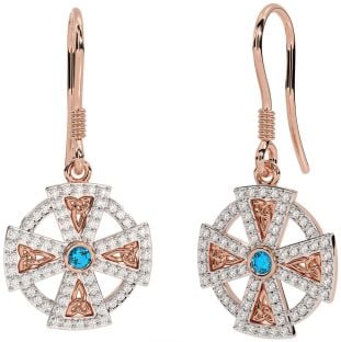 Diamond Topaz Rose Gold Celtic Cross Dangle Earrings