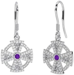 Diamond Amethyst Silver Celtic Cross Dangle Earrings