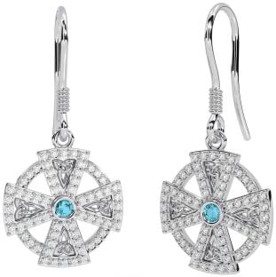 Diamond Aquamarine Silver Celtic Cross Dangle Earrings