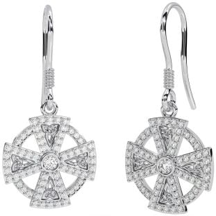 Diamond Silver Celtic Cross Dangle Earrings