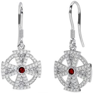 Diamond Garnet Silver Celtic Cross Dangle Earrings