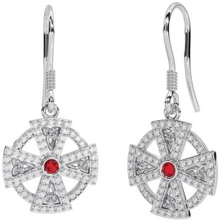 Diamond Ruby Silver Celtic Cross Dangle Earrings