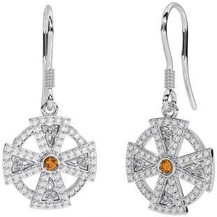 Diamond Citrine White Gold Celtic Cross Dangle Earrings