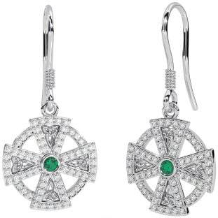 Diamond Emerald White Gold Celtic Cross Dangle Earrings