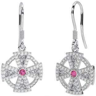 Diamant Rose Tourmalines Blanc Or celtique Croix Pendre Des boucles d'oreilles