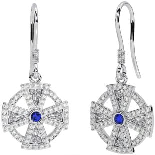 Diamant Saphir Blanc Or celtique Croix Pendre Des boucles d'oreilles