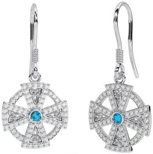 Diamond Topaz White Gold Celtic Cross Dangle Earrings