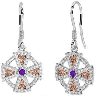 Diamant Améthyste Blanc Rose Or celtique Croix Pendre Des boucles d'oreilles