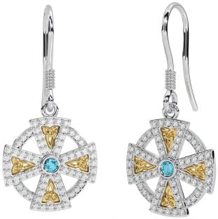 Diamond Aquamarine White Yellow Gold Celtic Cross Dangle Earrings