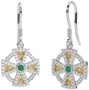 Diamond Emerald White Yellow Gold Celtic Cross Dangle Earrings